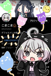 Rule 34 | 1girl, :d, ahoge, animal ears, animal hood, aris (blue archive), balloon, black jacket, black ribbon, blue archive, blush stickers, cat hood, cat tail, chibi, collared shirt, commentary request, emphasis lines, fake animal ears, fang, grey eyes, grey hair, grey skirt, hair between eyes, highres, hood, hood up, hooded jacket, jacket, komakoma (magicaltale), neck ribbon, open clothes, open jacket, open mouth, original, outline, pleated skirt, ribbon, screenshot background, shirt, skirt, smile, solo, tail, twitter, v-shaped eyebrows, white outline, white shirt