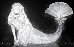 Rule 34 | 1boy, black background, black gemstone, bridal veil, bride mermaid (cindymeimezu), cindymeimezu, collar, colored skin, commentary, crossdressing, dress, earrings, english commentary, fins, frilled collar, frills, full body, grey scales, highres, jewelry, lace trim, long hair, looking at viewer, male focus, merman, metal collar, monster boy, open mouth, original, puffy short sleeves, puffy sleeves, short sleeves, simple background, solo, trap, veil, veins, webbed hands, white dress, white eyes, white hair, white scales, white skin