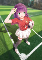 Rule 34 | 1girl, :d, absurdres, angel beats!, arm up, ball, black thighhighs, blunt bangs, blurry, blush, bow, breasts, carrying, carrying under arm, day, depth of field, from above, grass, green eyes, hair bow, hairband, highres, impossible clothes, impossible shirt, legs apart, long hair, looking at viewer, looking up, open mouth, outdoors, pleated skirt, pointing, pointing up, purple hair, red shirt, revision, shadow, shiny clothes, shiny skin, shirt, shoes, short sleeves, sidelocks, skirt, smile, soccer, soccer ball, soccer field, soccer uniform, solo, sportswear, sss (artist), standing, thighhighs, white skirt, nakamura yuri, zettai ryouiki