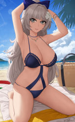Rule 34 | 1girl, absurdres, armpits, arms behind head, arms up, azur lane, bare shoulders, beach, bikini, blue bikini, blue bow, blue sky, blunt bangs, blush, bow, bracelet, breasts, cleavage, collarbone, grey eyes, grey hair, hair bow, highres, jewelry, large breasts, looking at viewer, navel, necklace, official alternate costume, palm tree, ponytail, sitting, sky, smile, solo, swimsuit, thighs, tree, vittorio veneto (azur lane), vittorio veneto (the flower of la spezia) (azur lane), wariza, zaphn