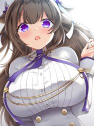 Rule 34 | 1girl, animal ears, artist name, azur lane, blush, breasts, brown hair, capelet, cow ears, cow girl, cow horns, double-breasted, ebino mayo, from below, horns, huge breasts, jacket, kashino (azur lane), long hair, looking at viewer, looking down, open mouth, purple eyes, sakura empire (emblem), shirt, solo, tongue, white capelet, white jacket, white shirt