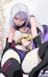 Rule 34 | 2girls, all fours, bad id, bad twitter id, blonde hair, boots, foreshortening, gloria tyler, gloves, grace tyler, long hair, lying, multiple girls, on back, open mouth, red eyes, siblings, silver hair, sisters, smile, thigh boots, thighhighs, twins, washi no tosaka, yellow eyes, yu-gi-oh!, yu-gi-oh! arc-v