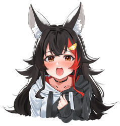 Rule 34 | 1girl, animal ear fluff, animal ears, black hair, black hoodie, brown eyes, commentary request, cropped torso, daichi (daichi catcat), hair ornament, hairclip, highres, hololive, hood, hoodie, long hair, long sleeves, looking at viewer, multicolored hair, ookami mio, ookami mio (casual), open mouth, red hair, simple background, sleeves past wrists, solo, streaked hair, upper body, virtual youtuber, white background, white hoodie, wolf ears