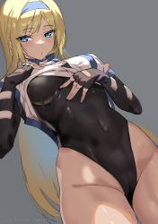 Rule 34 | 1girl, arms up, ashiomi masato, black gloves, black leotard, blonde hair, blue eyes, blush, bodysuit, breasts, cameltoe, covered navel, dress, fingerless gloves, fingernails, gloves, grey background, guilty gear, guilty gear x, guilty gear xx, hair between eyes, hairband, hand on own chest, headband, highleg, highleg leotard, highres, large breasts, leotard, long hair, long sleeves, looking at viewer, millia rage, partially visible vulva, simple background, solo, thighs, twitter username, very long hair