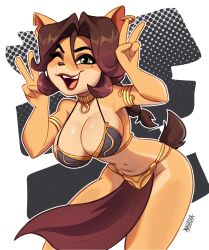 Rule 34 | 1girl, ;d, absurdres, alyssa bandicoot (magaska), artist name, braid, braided ponytail, breasts, brown hair, cleavage, cosplay, crash bandicoot (series), double v, furry, furry female, green eyes, highres, large breasts, long hair, looking at viewer, magaska, one eye closed, open mouth, pelvic curtain, princess leia organa solo, princess leia organa solo (cosplay), signature, simple background, smile, solo, teeth, upper teeth only, v