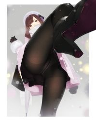 Rule 34 | 1girl, ama mitsuki, ankle boots, ass, bag, black footwear, black gloves, black pantyhose, boots, bow, brown eyes, brown hair, close-up, coat, commentary request, covered mouth, crotch seam, from below, gloves, hat, hat bow, heart, high heel boots, high heels, leg up, long hair, looking at viewer, looking down, original, panties, panties under pantyhose, pantyhose, pink coat, revision, scarf, shoe soles, skirt, snowing, solo, umbrella, underwear, white hat, white panties, winter clothes, winter coat