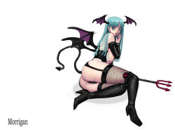 Rule 34 | 1girl, ark (morita hitomi), black garter belt, breasts, capcom, character name, cosplay, demon girl, fingernails, fishnet thighhighs, fishnets, full body, garter belt, garter straps, hand to own mouth, head wings, large breasts, lingerie, long fingernails, morrigan aensland, nail, nail polish, pink nails, polearm, simple background, solo, tail, thighhighs, trident, underwear, vampire (game), weapon, white background, wings