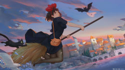 Rule 34 | 1girl, animal, anson zheng, bag, bare arms, bat (animal), bird, black cat, black dress, black pantyhose, bob cut, bow, bridge, broom, broom riding, brown hair, building, cat, cloud, dress, dutch angle, embarrassed, floating hair, flying, from side, hair bow, hairband, highres, holding, holding broom, jiji (majo no takkyuubin), kiki (majo no takkyuubin), majo no takkyuubin, no shoes, open mouth, outdoors, panties, unworn panties, pantyhose, print panties, red bow, ribbon, river, satchel, seagull, short hair, short sleeves, sky, tears, torn clothes, torn legwear, twilight, underwear, water, witch