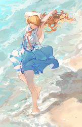 Rule 34 | 1girl, ame (10286367), armpit peek, arms up, barefoot, beach, blue skirt, closed eyes, closed mouth, commentary, day, english commentary, full body, highres, long hair, neck ribbon, neon genesis evangelion, orange hair, outdoors, red ribbon, ribbon, school uniform, shirt, shore, short sleeves, skirt, smile, solo, souryuu asuka langley, standing, standing on one leg, stretching, suspender skirt, suspenders, tokyo-3 middle school uniform, wading, water, white shirt