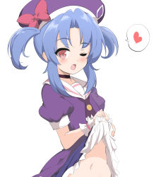 Rule 34 | 1girl, black choker, blue hair, blush, bow, choker, clothes lift, commentary request, dress, dress lift, fang, frilled dress, frills, hat, hat bow, heart, highres, kurobane alice, lifted by self, looking at viewer, momio, navel, one eye closed, open mouth, out-of-frame censoring, parted bangs, puffy short sleeves, puffy sleeves, purple dress, purple hat, red bow, sailor collar, sailor dress, shadowverse (anime), short sleeves, sidelocks, simple background, solo, spoken heart, twintails, white background, white sailor collar, wrist cuffs