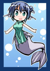 Rule 34 | 1girl, alternate costume, blue hair, blush, chibi, china dress, chinese clothes, dress, fins, green eyes, head fins, hemogurobin a1c, mermaid, monster girl, open mouth, short hair, smile, solo, touhou, wakasagihime