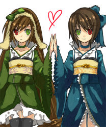 Rule 34 | 00s, 2girls, blue dress, bow, brown hair, choker, dress, drill hair, flat chest, frown, green dress, green eyes, heart, heterochromia, japanese clothes, long hair, long sleeves, loo, multiple girls, obi, red eyes, rozen maiden, sash, short hair, siblings, sisters, smile, souseiseki, suiseiseki, symmetrical hand pose, thighhighs, twin drills, twins, twintails, very long hair, white background