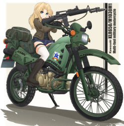 Rule 34 | 10s, 1girl, assault rifle, bayonet, black footwear, black shorts, blonde hair, blue eyes, boots, brown jacket, camouflage, closed mouth, digital camouflage, emblem, english text, girls und panzer, gun, hair intakes, highres, holding, holding weapon, jacket, kawasaki, kawasaki klr650, kay (girls und panzer), knee boots, long hair, long sleeves, m16, m16a2, machine gun, mikeran (mikelan), military, military uniform, motor vehicle, motorcycle, pouch, riding, rifle, saunders (emblem), saunders military uniform, shorts, sitting, smirk, solo, thigh strap, thighhighs, trigger discipline, uniform, v-shaped eyebrows, weapon, weapon request, white thighhighs, zipper