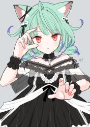 Rule 34 | 1girl, absurdres, animal ears, animal print, bare shoulders, black dress, blue hair, blush, butterfly print, cat ears, cat girl, colored tips, commentary request, dress, earrings, extra ears, frilled cuffs, green hair, hair ornament, hand up, highres, hololive, huge filesize, jewelry, looking at viewer, low twintails, multicolored hair, nail polish, no nose, off-shoulder dress, off shoulder, puppet strings, red eyes, see-through, see-through sleeves, short hair, short twintails, signature, skull collar, skull earrings, skull hair ornament, solo, symbol in eye, tsukitoinu, twintails, two-tone hair, upper body, uruha rushia, uruha rushia (3rd costume), virtual youtuber, wrist cuffs
