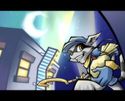 Rule 34 | blue gloves, cane, crescent moon, fangs, furry, gloves, hat, male focus, mask, moon, night, raccoon, rate rapiku, sack, sly cooper, sly cooper (series), solo