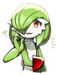 Rule 34 | 1girl, :3, ?, blush, blush stickers, bob cut, colored skin, creatures (company), female focus, flat chest, game freak, gardevoir, gen 3 pokemon, green hair, green skin, hair over one eye, hand up, happy, japanese text, lotosu, multicolored skin, nintendo, open mouth, pokemon, pokemon (creature), red eyes, short hair, simple background, sketch, smile, solo, translated, two-tone skin, upper body, white background, white skin