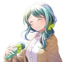 Rule 34 | 1girl, blush, brown coat, buttons, closed eyes, clover hair ornament, coat, green hair, hair ornament, highres, holding, holding microphone, indie virtual youtuber, long hair, long sleeves, microphone, munriru, shirt, simple background, smile, solo, sumi suya, upper body, virtual youtuber, white background, white shirt