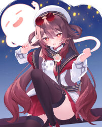 1girl :d beret brown_hair brown_thighhighs commentary_request eyewear_on_head feet_out_of_frame flower-shaped_pupils genshin_impact ghost gradient_hair hair_between_eyes hair_rings hat highres hu_tao_(genshin_impact) jacket kanora knee_up long_hair long_sleeves looking_at_viewer multicolored_hair open_clothes open_jacket open_mouth pleated_skirt puffy_long_sleeves puffy_sleeves red-tinted_eyewear red_eyes red_hair red_skirt round_eyewear shirt signature skirt smile solo symbol-shaped_pupils thighhighs tinted_eyewear twitter_username very_long_hair white_hat white_jacket white_shirt