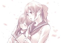 Rule 34 | 2girls, blush, book, bow, cherry blossoms, closed eyes, hair bow, highres, leaning on person, long hair, macosee, monochrome, multiple girls, open mouth, original, ponytail, reading, school uniform, serafuku, upper body, yuri