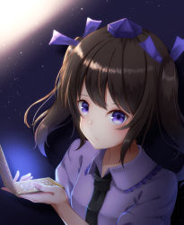 Rule 34 | 1girl, arm up, black necktie, blue eyes, blue hat, brown hair, cellphone, commentary request, fall (5754478), flip phone, hair ribbon, hat, highres, himekaidou hatate, holding, holding phone, looking at viewer, necktie, night, night sky, parted lips, partial commentary, phone, puffy short sleeves, puffy sleeves, purple shirt, ribbon, shirt, short hair, short sleeves, sky, solo, tokin hat, touhou, two side up, upper body