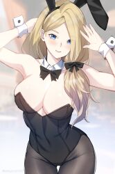 Rule 34 | 1girl, absurdres, alternate costume, animal ears, black bow, black bowtie, black leotard, black ribbon, blonde hair, blue eyes, bow, bowtie, breasts, entogman, fake animal ears, fire emblem, fire emblem: three houses, hair over shoulder, highres, large breasts, leotard, long hair, looking at viewer, low ponytail, mercedes von martritz, nintendo, pantyhose, playboy bunny, rabbit ears, ribbon, smile, solo, strapless, strapless leotard, wrist cuffs
