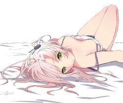 Rule 34 | 10s, 1girl, bare legs, bare shoulders, blush, breasts, downblouse, green eyes, hair ornament, highres, kantai collection, kinugasa (kancolle), knees up, legs, long hair, looking at viewer, lying, no bra, off shoulder, on back, panties, pink hair, pout, simple background, solo, strap gap, tebi (tbd11), thighs, underwear, upside-down, white background
