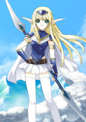 Rule 34 | 1girl, armor, blonde hair, csy, day, double-blade, elf, gloves, green eyes, long hair, miniskirt, outdoors, pointy ears, polearm, skirt, solo, standing, thighhighs, weapon, white thighhighs, zettai ryouiki
