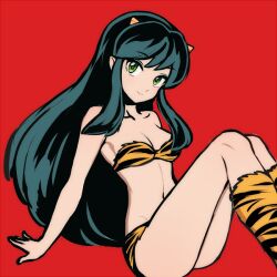 Rule 34 | 1girl, animal print, bikini, boots, breasts, cleavage, cone horns, green hair, horns, long hair, looking at viewer, lum, medium breasts, navel, oni, pointy ears, red background, simple background, smile, solo, swimsuit, tb (spr1110), thighs, tiger print, urusei yatsura