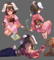 Rule 34 | 1girl, alcohol, animal ears, barefoot, black hair, black hakama, blush, choko (cup), closed mouth, commentary, cup, drinking glass, english commentary, flat chest, floppy ears, full body, grey background, hair between eyes, hakama, hakama skirt, highres, holding, holding cup, inaba tewi, invisible chair, japanese clothes, kimono, long bangs, looking at viewer, lying, medium hair, multiple views, on stomach, one eye closed, open mouth, phonograph, pink kimono, rabbit, rabbit ears, rabbit girl, rabbit tail, red eyes, sake, seiza, simple background, sitting, skirt, smile, tail, tea, tlobtr, tokkuri, touhou, wine, wine glass, yunomi