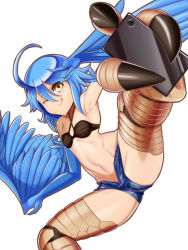 Rule 34 | 1girl, ;q, ahoge, armpits, bird legs, blue feathers, blue hair, blue wings, cellphone, commentary request, feathered wings, feathers, holding with feet, hair between eyes, harpy, highres, imaani, monster girl, monster musume no iru nichijou, one eye closed, open fly, papi (monster musume), phone, selfie, short shorts, shorts, simple background, solo, standing, standing on one leg, talons, tongue, tongue out, open fly, v, white background, winged arms, wings, yellow eyes
