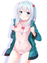 Rule 34 | 10s, 1girl, 3:, blue eyes, blue hair, blush, bow, closed mouth, covered navel, cowboy shot, eromanga sensei, faubynet, hair bow, highres, izumi sagiri, jacket, long hair, looking at viewer, one-piece swimsuit, open clothes, open jacket, pink bow, revision, school swimsuit, shadow, simple background, solo, sweatdrop, swimsuit, swimsuit under clothes, white background, white one-piece swimsuit