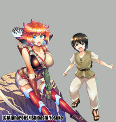 Rule 34 | 1boy, 1girl, :d, artist name, asymmetrical sleeves, bare shoulders, boots, bow (weapon), breasts, brown footwear, cleavage, collarbone, copyright name, grey background, ishibashi yosuke, karen (spirit migration), kou (spirit migration), large breasts, looking at viewer, mismatched sleeves, official art, open mouth, quiver, red thighhighs, sash, short hair, short sleeves, sitting, smile, spirit migration, thighhighs, tunic, weapon, zettai ryouiki