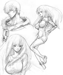 Rule 34 | 00s, 1boy, 1girl, blush, bodysuit, breasts, casual, dingo egret, greyscale, ken marinaris, large breasts, long hair, monochrome, natsu nichime, sketch, tachibana chata, zone of the enders, zone of the enders 2