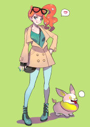 Rule 34 | 1girl, :q, absurdres, bag, boots, bracelet, brown coat, buttons, closed mouth, coat, commentary, creatures (company), eyewear on head, full body, game freak, gen 8 pokemon, green background, green eyes, green footwear, green nails, green shirt, hair ornament, hand on own hip, handbag, heart, heart hair ornament, high heel boots, high heels, highres, hiro (user negm3832), jewelry, long hair, nail polish, nintendo, orange hair, pants, pigeon-toed, pokemon, pokemon (creature), pokemon swsh, ribbed shirt, shirt, side ponytail, smile, sonia (pokemon), spoken heart, standing, sunglasses, tongue, tongue out, yamper