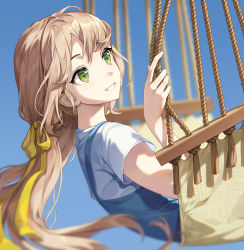 Rule 34 | 1girl, aniroud, blue background, blue overalls, green eyes, grin, hair ribbon, highres, light brown hair, long hair, looking away, original, overalls, ribbon, shirt, short sleeves, simple background, smile, solo, swing, twintails, white shirt, yellow ribbon