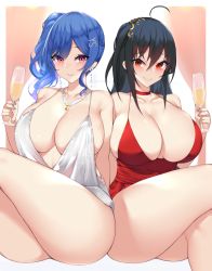 Rule 34 | 2girls, ahoge, alcohol, azur lane, backless dress, backless outfit, bare shoulders, black hair, blue hair, blue nails, blush, breasts, champagne, champagne flute, choker, cleavage, cocktail dress, collarbone, commentary request, crossed legs, cup, curvy, dress, drinking glass, earrings, evening gown, grey dress, grin, hair between eyes, hair ornament, hairclip, halter dress, halterneck, highres, holding, holding cup, huge breasts, jewelry, kuavera, looking at viewer, multiple girls, nail polish, necklace, official alternate costume, one side up, pink eyes, plunging neckline, red choker, red dress, red eyes, revealing clothes, side ponytail, sidelocks, silver dress, sitting, smile, st. louis (azur lane), st. louis (luxurious wheels) (azur lane), taihou (azur lane), taihou (forbidden feast) (azur lane), thick thighs, thighs