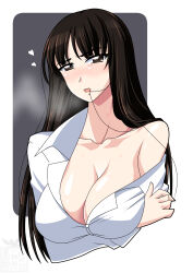 Rule 34 | 1girl, artist logo, black eyes, black hair, blunt bangs, blush, breasts, breath, cleavage, clothes pull, commentary, cropped torso, dress shirt, girls und panzer, hair in own mouth, half-closed eyes, heart, hickey, highres, ichijou takakiyo, large breasts, light frown, long hair, long sleeves, looking at viewer, mature female, nishizumi shiho, open mouth, pulled by self, shirt, shirt pull, solo, straight hair, white shirt, wing collar