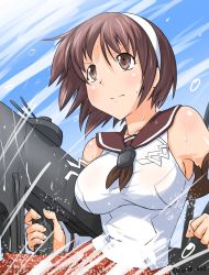 Rule 34 | 1girl, breasts, brown eyes, brown hair, cocoa (cocoa0191), detached sleeves, from below, frown, hairband, holding, holding weapon, kantai collection, large breasts, machinery, natori (kancolle), pleated skirt, red skirt, school uniform, serafuku, short hair, sideboob, skirt, solo, twitter username, v-shaped eyebrows, weapon, white hairband