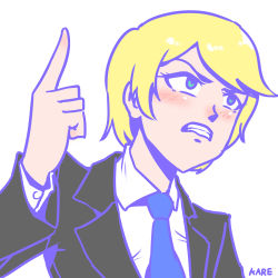 Rule 34 | 1boy, animification, bad id, bad pixiv id, blonde hair, blue eyes, buttoned cuffs, buttons, donald trump, formal, highres, index finger raised, jacket, karepack, male focus, politician, real life, simple background, solo, suit jacket