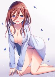 Rule 34 | 1girl, :d, all fours, barefoot, blue panties, blue shirt, blush, breasts, brown hair, cleavage, collarbone, collared shirt, commentary request, dress shirt, go-toubun no hanayome, gradient background, grey background, hair between eyes, long hair, looking at viewer, medium breasts, nakano miku, open clothes, open mouth, open shirt, panties, petals, purple eyes, sakura hiyori, shirt, sidelocks, smile, soles, solo, underwear, white background