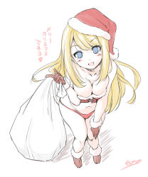 Rule 34 | 1girl, :d, blonde hair, blue eyes, blush, boots, breasts, chloe lemaire, cleavage, corset, from above, girlfriend (kari), gloves, hat, long hair, looking up, navel, nishizaki eimu, open mouth, panties, sack, santa hat, smile, solo, underwear