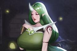Rule 34 | 1girl, alternate costume, alternate hair color, alternate skin color, bad id, bad pixiv id, breasts, closed eyes, doenji (auto7233), dryad soraka, facing viewer, green eyes, green hair, hand up, horns, huge breasts, jewelry, league of legends, lipstick, long hair, makeup, pointy ears, ponytail, single horn, solo, soraka (league of legends), standing, tattoo, very long hair