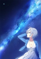 Rule 34 | 1girl, anastasia (idolmaster), blue eyes, blue jacket, breasts, cleavage, collarbone, dress, earrings, eyelashes, haikimono shounen, hand in own hair, idolmaster, idolmaster cinderella girls, jacket, jewelry, looking up, medium breasts, milky way, necklace, night, night sky, open clothes, open jacket, short hair, silver hair, sky, solo, star (sky), starry sky, white dress