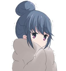 Rule 34 | 1girl, blanket, blue hair, commentary request, core (mayomayo), eyes visible through hair, hair bun, hands up, highres, light blush, long hair, no mouth, purple eyes, shima rin, sidelocks, simple background, single hair bun, solo, trembling, white background, yurucamp