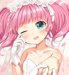 Rule 34 | 2girls, ;d, bare shoulders, blush, breasts, bridal veil, bride, cleavage, collarbone, commentary request, crying, crying with eyes open, dress, elbow gloves, falling petals, female focus, female pov, floating hair, flower, glint, gloves, green eyes, hand up, happy, happy tears, heart, heart necklace, highres, holding hands, jewelry, looking at viewer, multiple girls, necklace, one eye closed, open mouth, out of frame, petals, pink hair, pov, ring, rose, short hair, signature, small breasts, smile, solo focus, strapless, strapless dress, tears, upper body, usagi koushaku, veil, wedding, wedding band, wedding dress, white dress, white flower, white gloves, white rose, wind, wiping tears, yoshikawa chinatsu, yuri, yuru yuri
