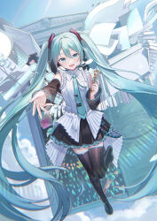 Rule 34 | 1girl, absurdres, aqua eyes, aqua hair, aqua nails, aqua necktie, bare shoulders, black footwear, black skirt, black sleeves, boots, commentary request, detached sleeves, flying paper, full body, glowstick, hair between eyes, hair ornament, hatsune miku, hatsune miku happy 16th birthday -dear creators-, headphones, headset, high collar, highres, holding, holding key, key, long hair, looking at viewer, microphone, necktie, number tattoo, open hand, open mouth, outstretched hand, paper, pleated skirt, see-through, see-through sleeves, shirt, shoulder tattoo, skirt, sleeveless, sleeveless shirt, smile, solo, stage lights, tattoo, thigh boots, thighhighs, twintails, very long hair, vocaloid, vs0mr, white shirt, wide sleeves, zettai ryouiki