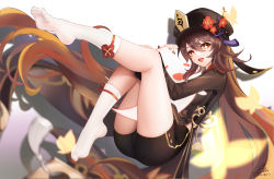 Rule 34 | 1girl, black hat, black nails, brown hair, brown shirt, brown shorts, coattails, commentary request, feet, flower, flower-shaped pupils, full body, genshin impact, ghost, hair between eyes, hat, hat flower, highres, hu tao (genshin impact), hug, kneehighs, liu liaoliao, long hair, long sleeves, looking at viewer, nail polish, no shoes, open mouth, red eyes, red flower, shirt, short shorts, shorts, signature, socks, soles, solo, symbol-shaped pupils, tassel, toenail polish, toenails, toes, twitter username, very long hair, white socks