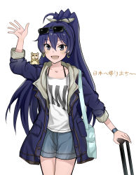 Rule 34 | 1girl, :d, absurdres, animal, animal on shoulder, blue coat, blue hair, bow, coat, collarbone, cowboy shot, earrings, eyewear on head, fang, floating hair, ganaha hibiki, grey bow, grey eyes, grey shorts, hair between eyes, hair bow, high ponytail, highres, idolmaster, idolmaster (classic), jewelry, long hair, looking at viewer, makise minami, open clothes, open coat, open mouth, shirt, short shorts, shorts, simple background, smile, solo, standing, sunglasses, very long hair, white background, white shirt