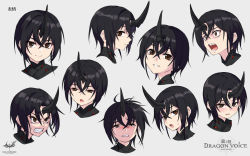 Rule 34 | 1girl, angry, artist logo, beige background, black hair, blush, brown eyes, clenched teeth, copyright name, crying, expressions, grey background, highres, horns, multiple views, original, portrait, short hair, simple background, single horn, smile, teeth, wolksheep