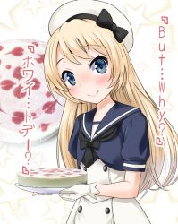 Rule 34 | 1girl, beret, black bow, black neckwear, blonde hair, blue eyes, blue shirt, blush, bow, cheesecake, closed mouth, dress, english text, food, gloves, hat, hat bow, highres, holding, holding plate, jervis (kancolle), kantai collection, long hair, looking at viewer, neko danshaku, plate, puffy short sleeves, puffy sleeves, school uniform, serafuku, shirt, short sleeves, smile, solo, star (symbol), translation request, very long hair, white background, white day, white dress, white gloves, white hat